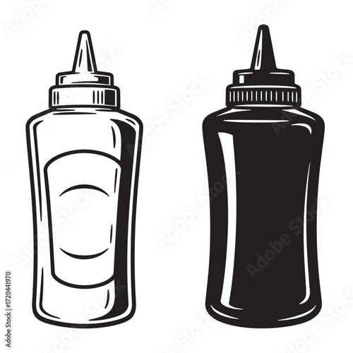 Black and white illustrated condiment bottles for ketchup mustard and sauces ready to use