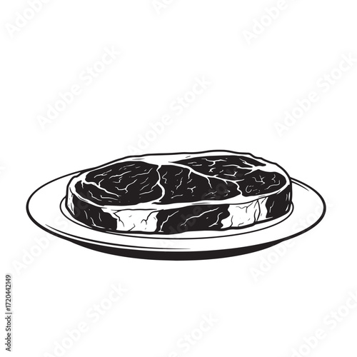 A deliciously drawn black and white ribeye steak served on a simple white plate