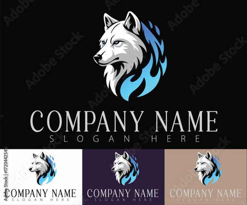 A sleek logo design featuring a majestic white wolf with ethereal blue flames erupting from its fur.
