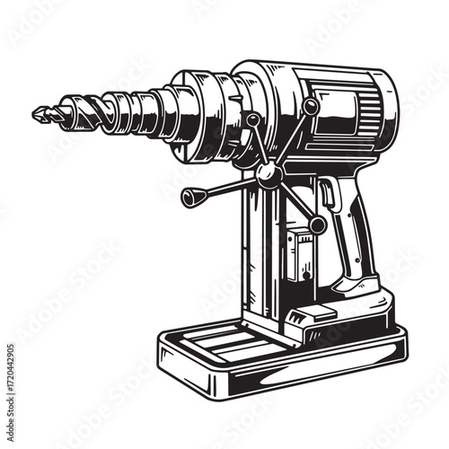 Detailed black and white illustration of a vintage electric drill press machine for crafting
