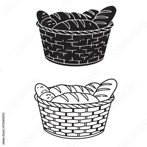 Hand drawn bread basket illustration displaying fresh baked baguettes in black and white