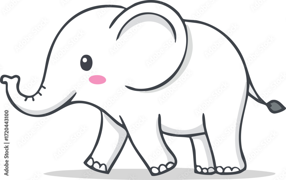 Fototapeta premium Cute baby elephant walking cartoon illustration, kawaii style vector with blush cheeks and big ears, adorable animal character for kids, nursery art, children book, sticker, toy, mascot, educational d