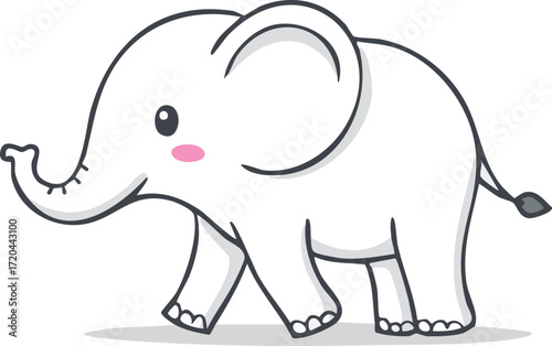 Cute baby elephant walking cartoon illustration, kawaii style vector with blush cheeks and big ears, adorable animal character for kids, nursery art, children book, sticker, toy, mascot, educational d