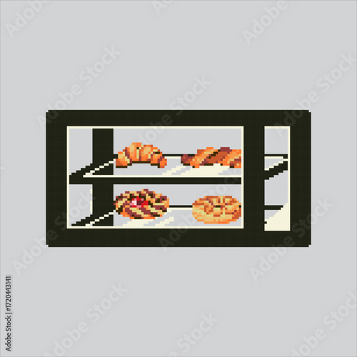 Pixel art illustration Pastry Case. Pixelated Bakery Display Case. Bakery Pastry display case Icon pixelated for the pixel art game and icon for website and video game. old school retro.