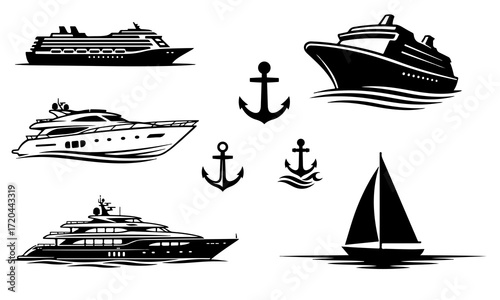 Vector Silhouette Set of Yachts, Cruise Ships, Sailboats, and Anchors for Nautical Design