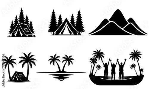 Camping and Travel Adventure Vector Silhouettes with Tents, Mountains, Palm Trees, and People