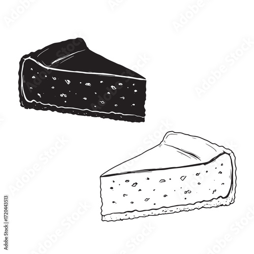 Hand drawn illustration of two cheesecake slices in contrasting black and white designs