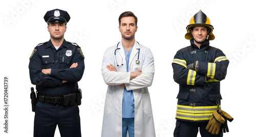 Essential workers policeman doctor firefighter hero professions on transparent background