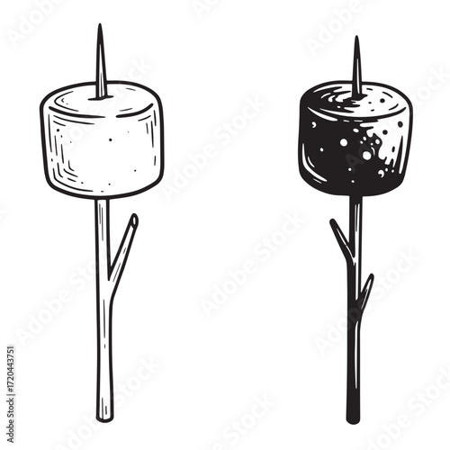 Hand drawn marshmallow roasting on a stick black and white illustration for campfire fun