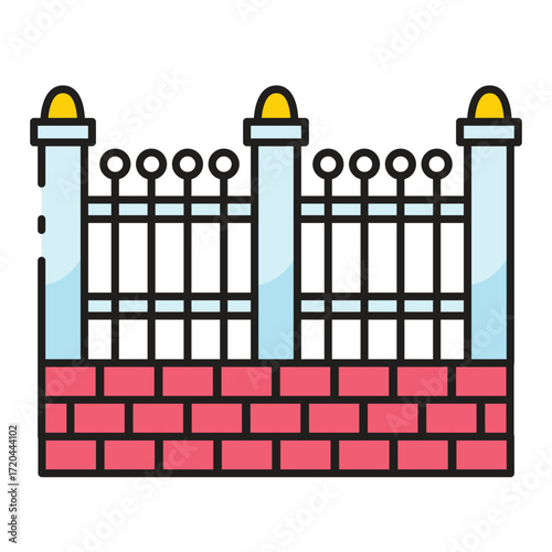 A brick fence with metal bars and yellow finials
