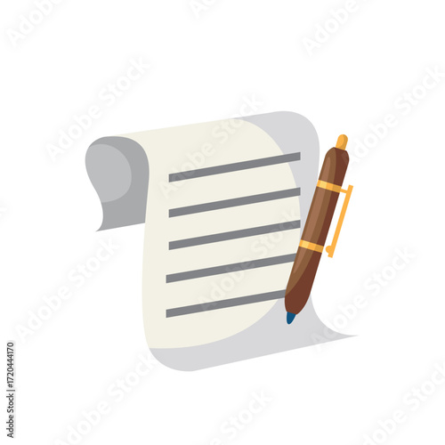 A brown pen rests on a rolled piece of paper with lined writing