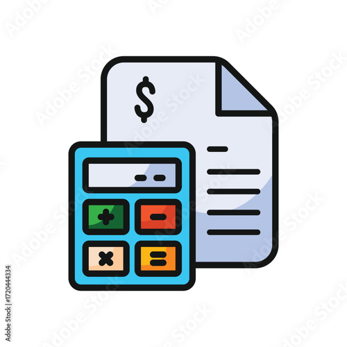 A calculator and a document with a dollar sign
