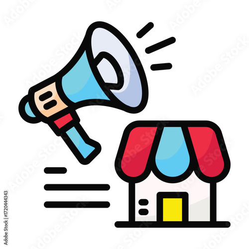 A blue megaphone broadcasting towards a small store