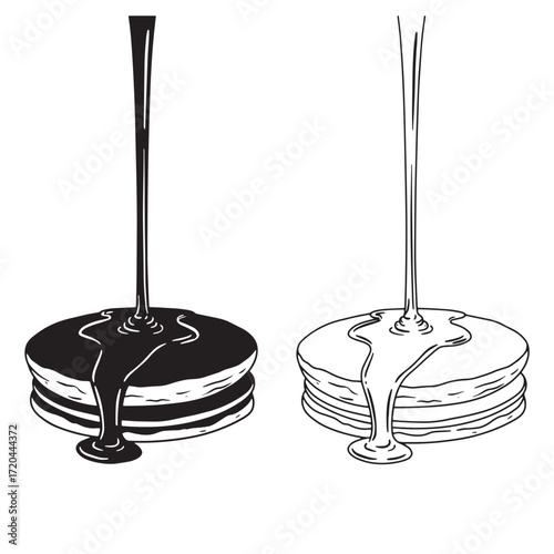 Simple black and white illustrations depicting pancakes with syrup pouring from above for breakfast