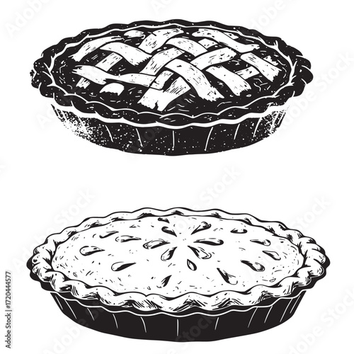 Two delicious hand drawn pies with lattice crust and classic filling on white background