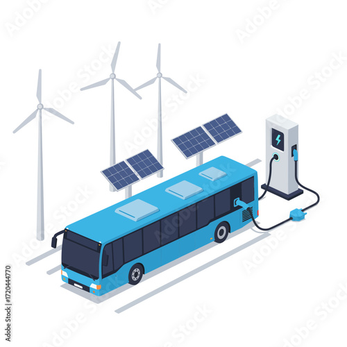 Sustainable transport illustration showcasing a modern electric bus powered by wind turbines and solar panels, promoting green energy and eco-friendly travel