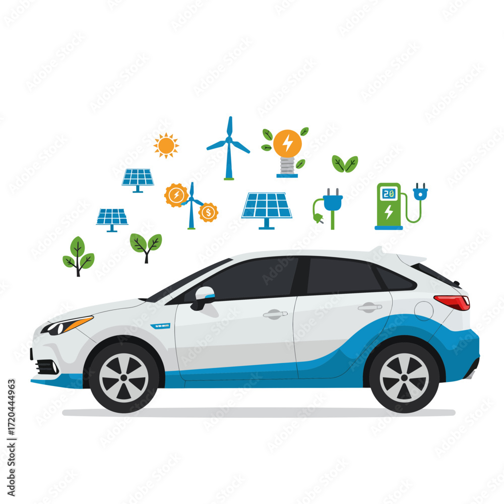 Naklejka premium Eco-friendly electric car promoting sustainable energy solutions for a greener future, featuring solar panels, wind turbines, and charging stations for clean transport