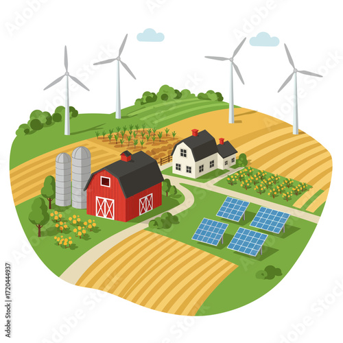 Sustainable rural farm powered by wind turbines and solar panels showcasing renewable energy and agriculture harmony perfect for eco-friendly initiatives