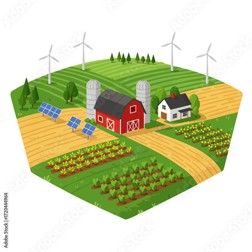 Foto Sustainable farming landscape showcasing renewable energy sources on a vibrant f