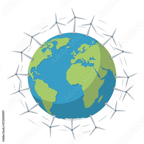 Sustainable planet Earth with wind turbines powering clean energy, promoting global environmental responsibility and eco-friendly solutions for a greener future