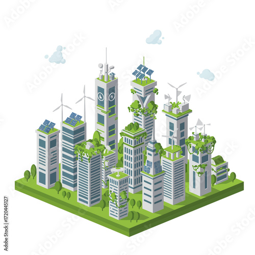 Isometric eco-cityscape with solar panels and wind turbines, envisioning sustainable urban living and a greener future powered by renewable energy sources