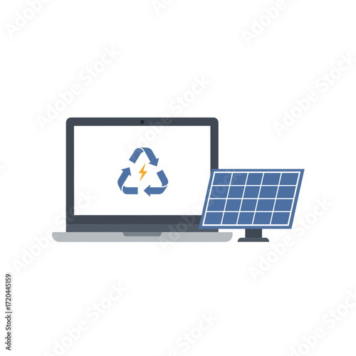 Modern laptop displaying recycling symbol alongside a solar panel, symbolizing clean energy and sustainable technology solutions, crafted originally as scalable vector art