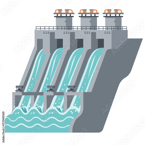 Hydroelectric dam illustration showcasing renewable energy production for clean power and water resource management solutions in an environment friendly way
