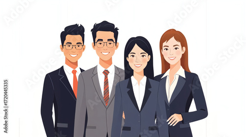 Vector art of diverse business team of four professionals standing together