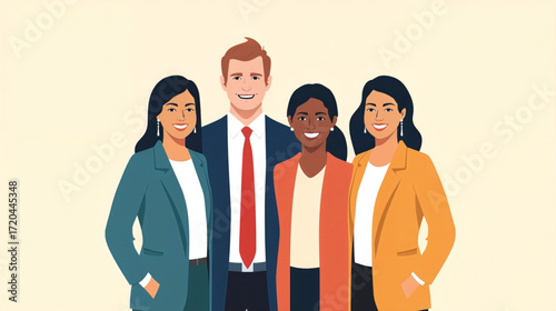 Vector art of multiethnic group of four business people smiling together on a plain background