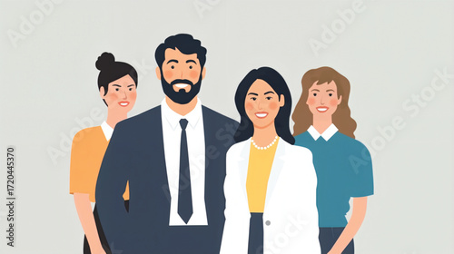 Vector art of diverse group of four professionals in business attire standing together on grey background