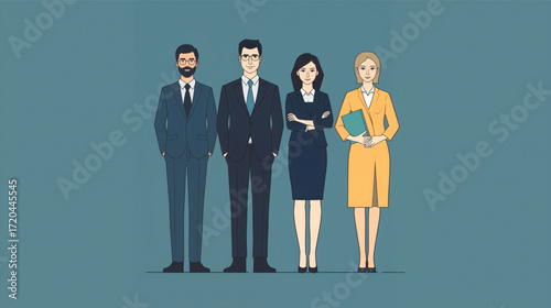 Vector art of diverse business team posing in front of a teal background