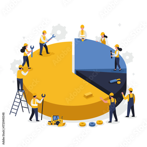 Dynamic visual of construction workers building a pie chart, representing teamwork and progress, perfect for business or project management concepts