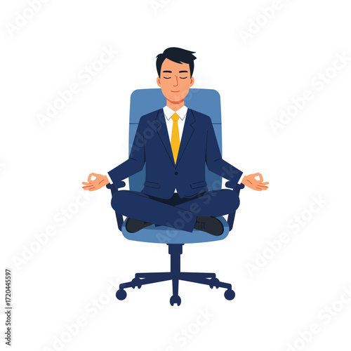 Calm businessman meditating in office chair for mindfulness and stress relief, promoting wellness and focus,originally a scalable vector graphic