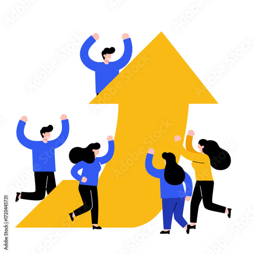 Energetic team celebrating success, riding a rising arrow, visualizing upward growth and positive business results, showing teamwork and achievement