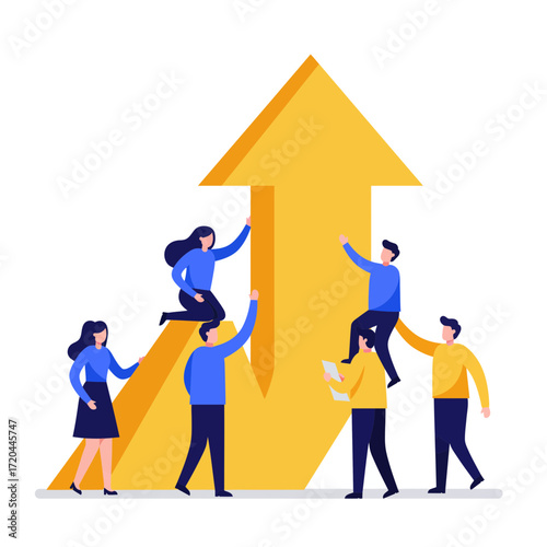 Teamwork drives business growth upward, as inspired colleagues collaborate to reach success, illustrating positive trajectory and collaborative spirit