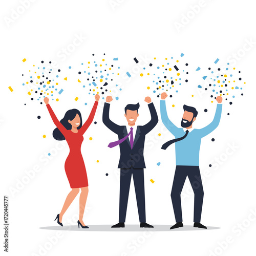 Dynamic business team triumphantly celebrating corporate success with confetti rain, radiating joy and achievement after reaching ambitious goals together