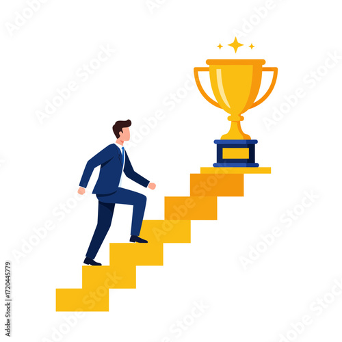 Determined businessman climbing stairs toward success and a golden trophy, symbolizing achievement and career growth, modern professional illustration