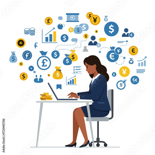 Financial strategist at work analyzing investments and currency trends, woman managing global finances with digital tools, modern business insights