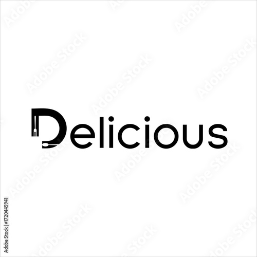 The design of the word "Delicious" with the letter D with spoon and fork ornaments.