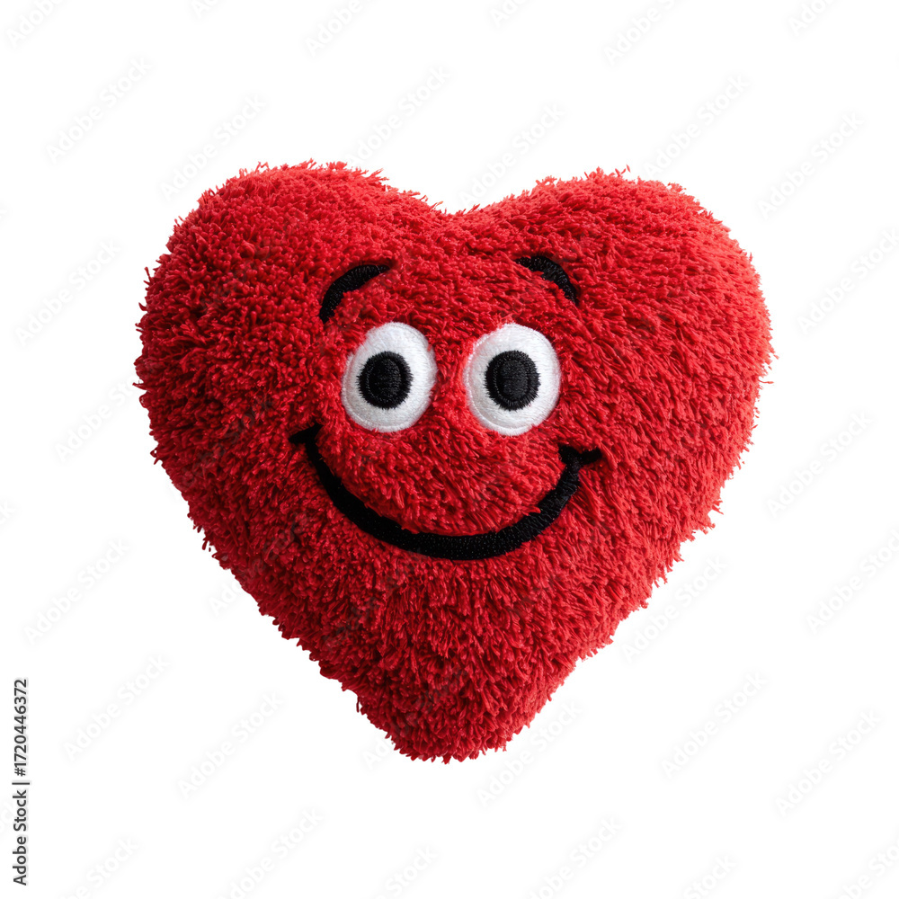 Fototapeta premium A cheerful red heart-shaped plush toy with a smiling face. background removed