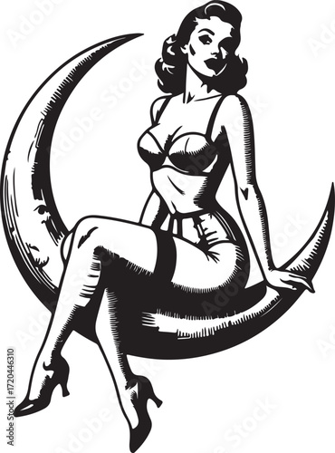 Pin-up Woman Sitting on Crescent Moon Vector Art pin up