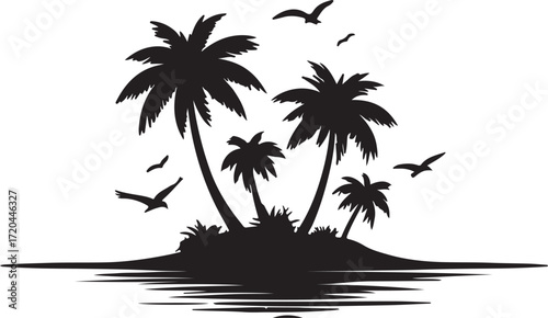 Black Silhouette Island Palm Trees and Flying Birds