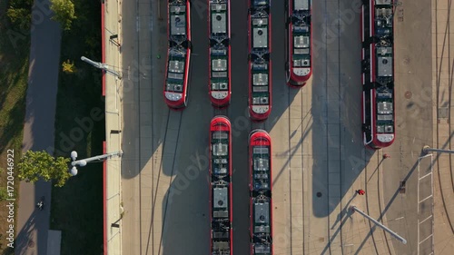 Overhead view of streetcars parked at a storage facility