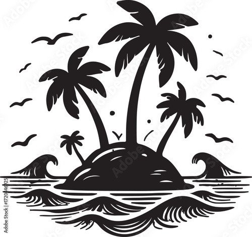 Silhouette of tropical island with palm trees and waves