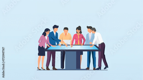 Vector art of diverse team collaborating around a modern interactive table