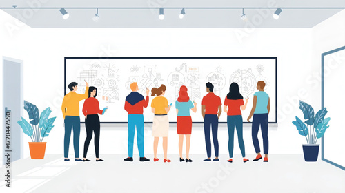 Vector art of team of colleagues working together in a modern office space