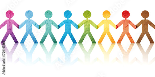 colorful paper cutout figures holding hands isolated on white background, png, ai generated