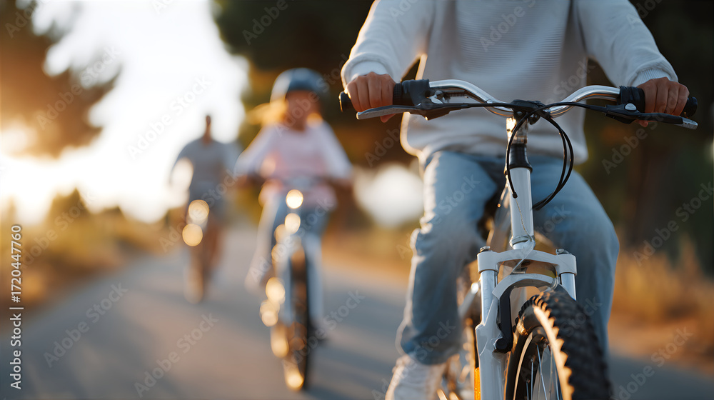 Fototapeta premium Man riding bicycle on road with family. Happy family outdoors activity. Summer recreation and healthy lifestyle concept.