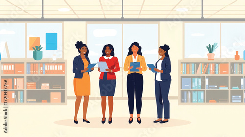 Vector art of four women in an office environment with bookshelves behind them