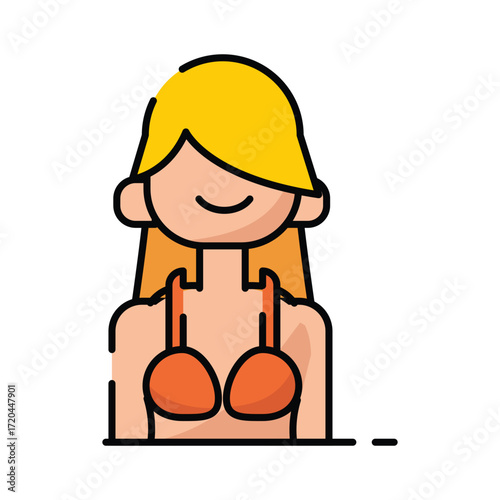 A cartoon avatar of a person with blonde hair and an orange bikini